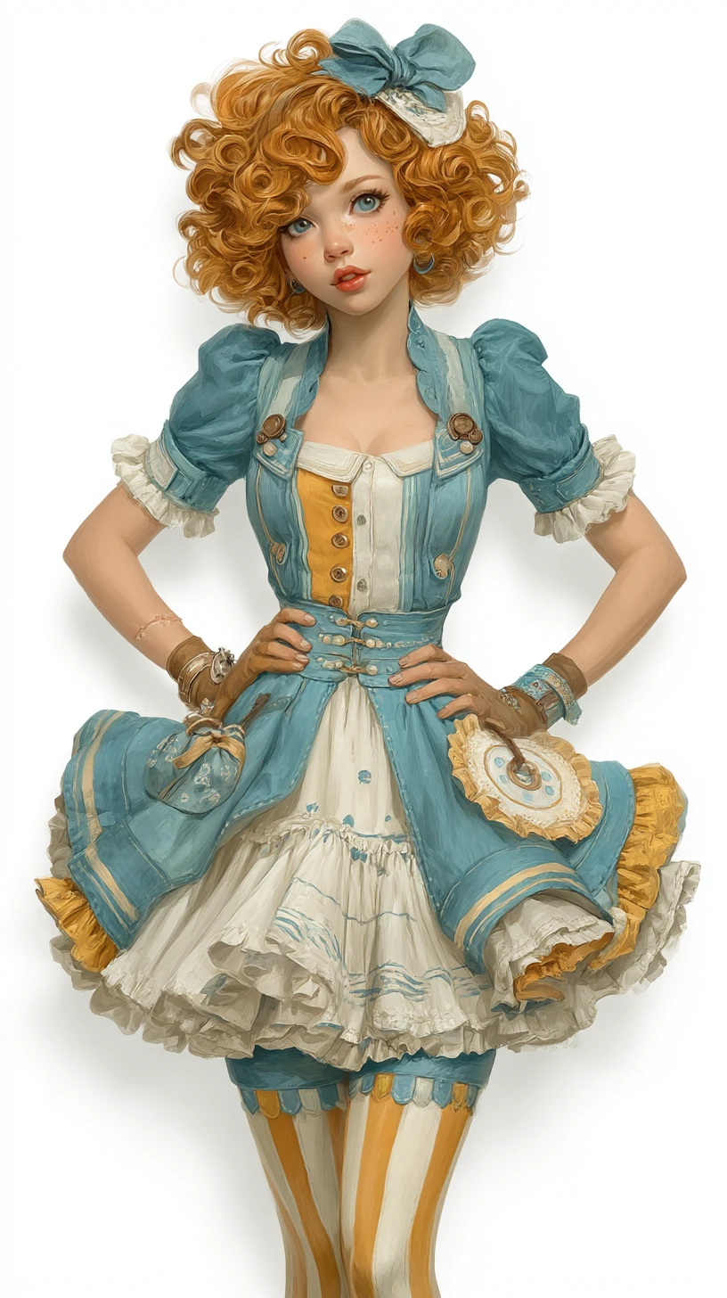 Fille rousse avec des taches de rousseur en robe verte dansant la polka