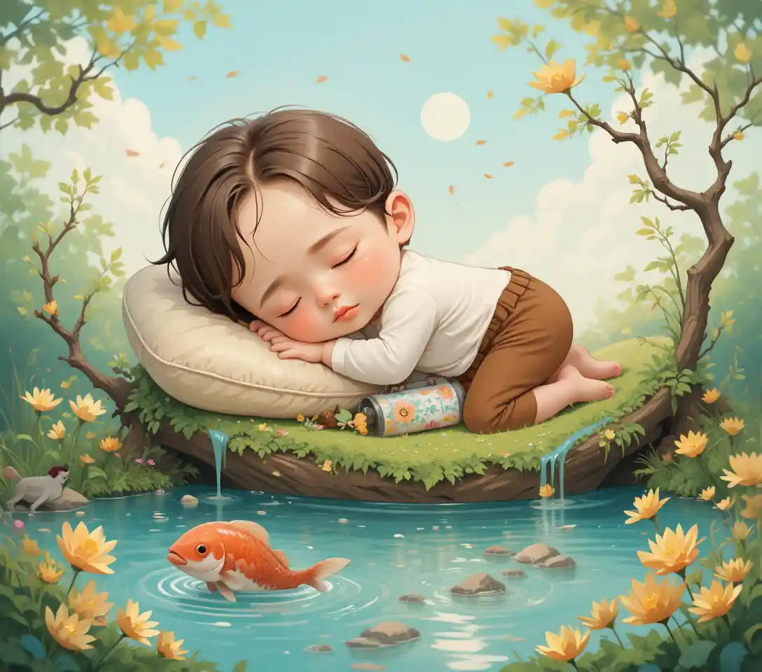 Sleeping toddler by a pond with fishing rod and flowers