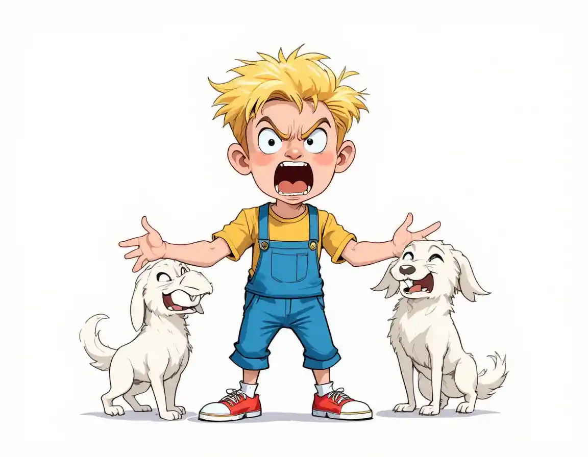 Angry blond boy shouting beside a smiling white dog