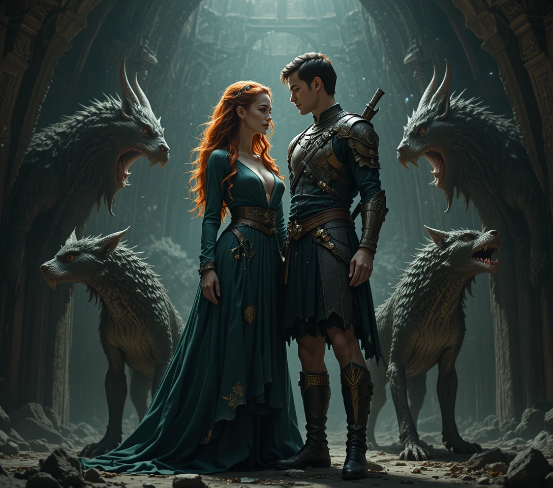 Elfenfrau und gepanzerter Mann mit Wölfen in einer Dark-Fantasy-Szene