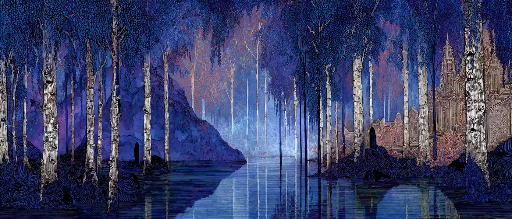 Underground water flowing through a dark birch forest dreamscape