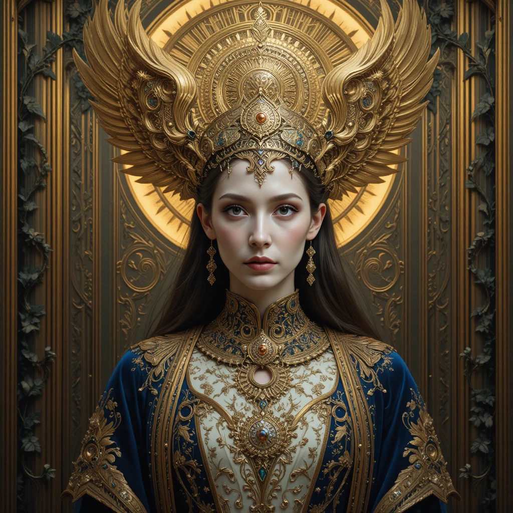 Regal fantasy goddess portrait with golden phoenix headdress