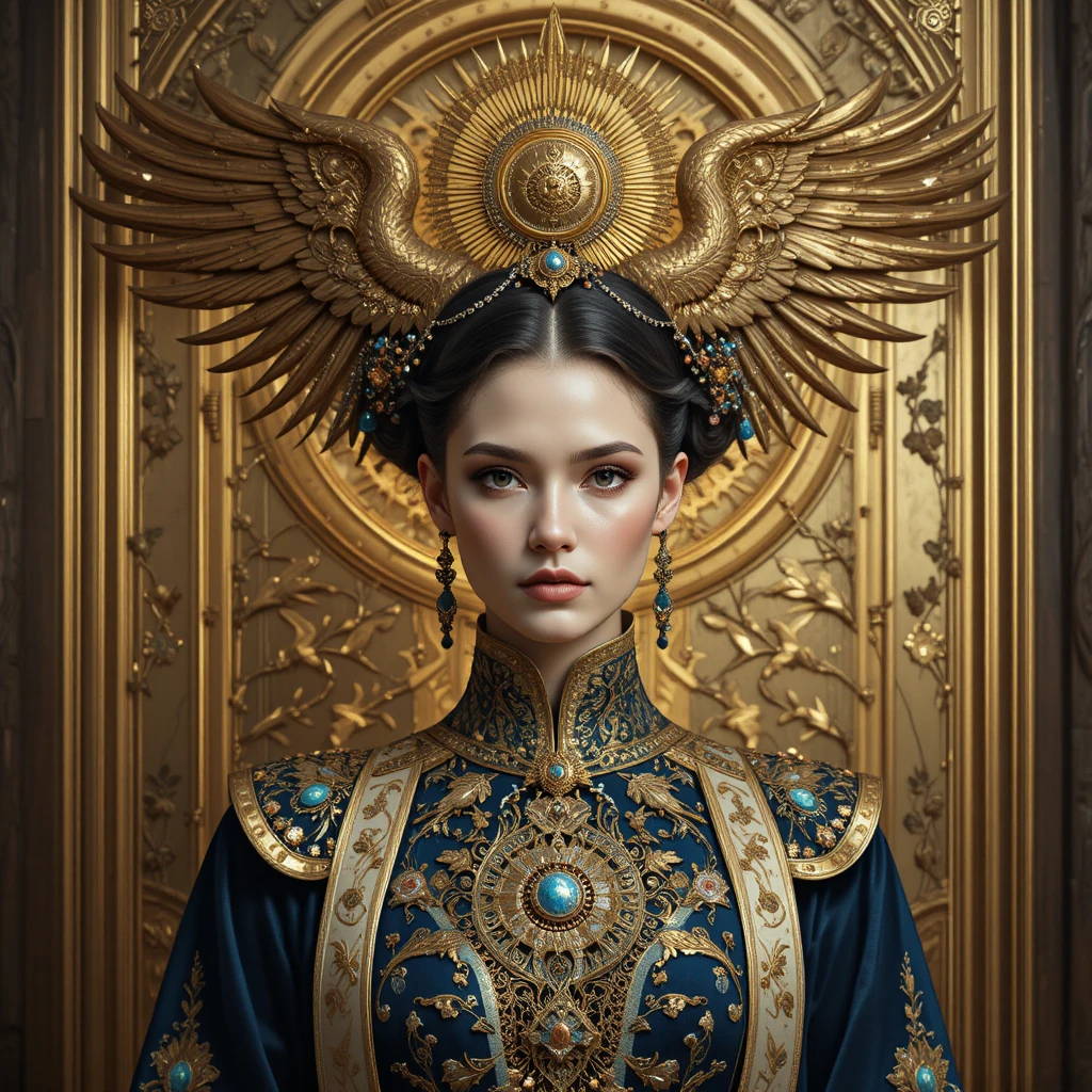 Reina de fantasía regia con tocado de fénix dorado