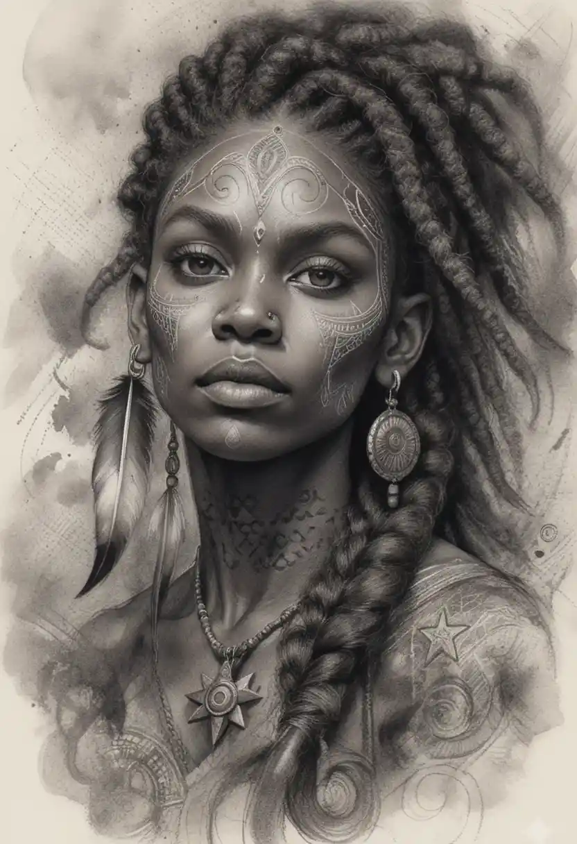 Mystical tribal warrior woman portrait with amber eyes
