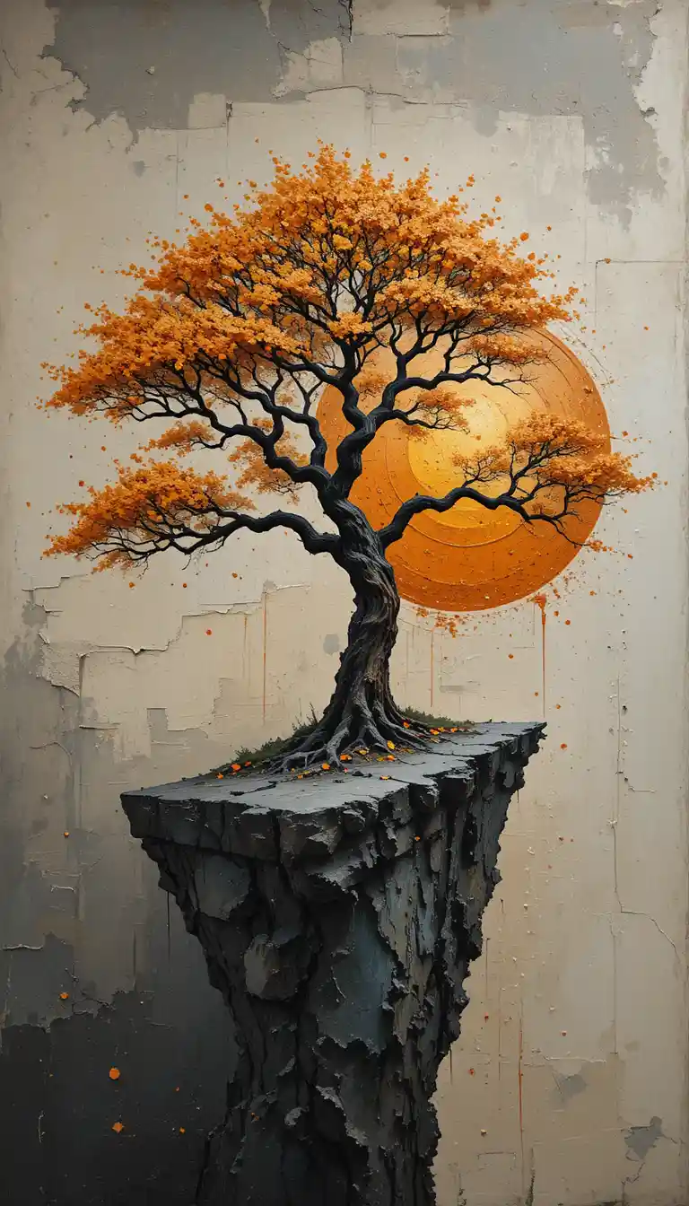 Conceptual tree silhouette on a concrete cliff at sunset