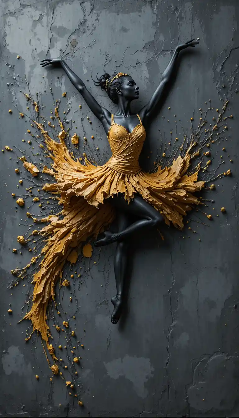 Ballerina relief leaping with golden paint splatter dress