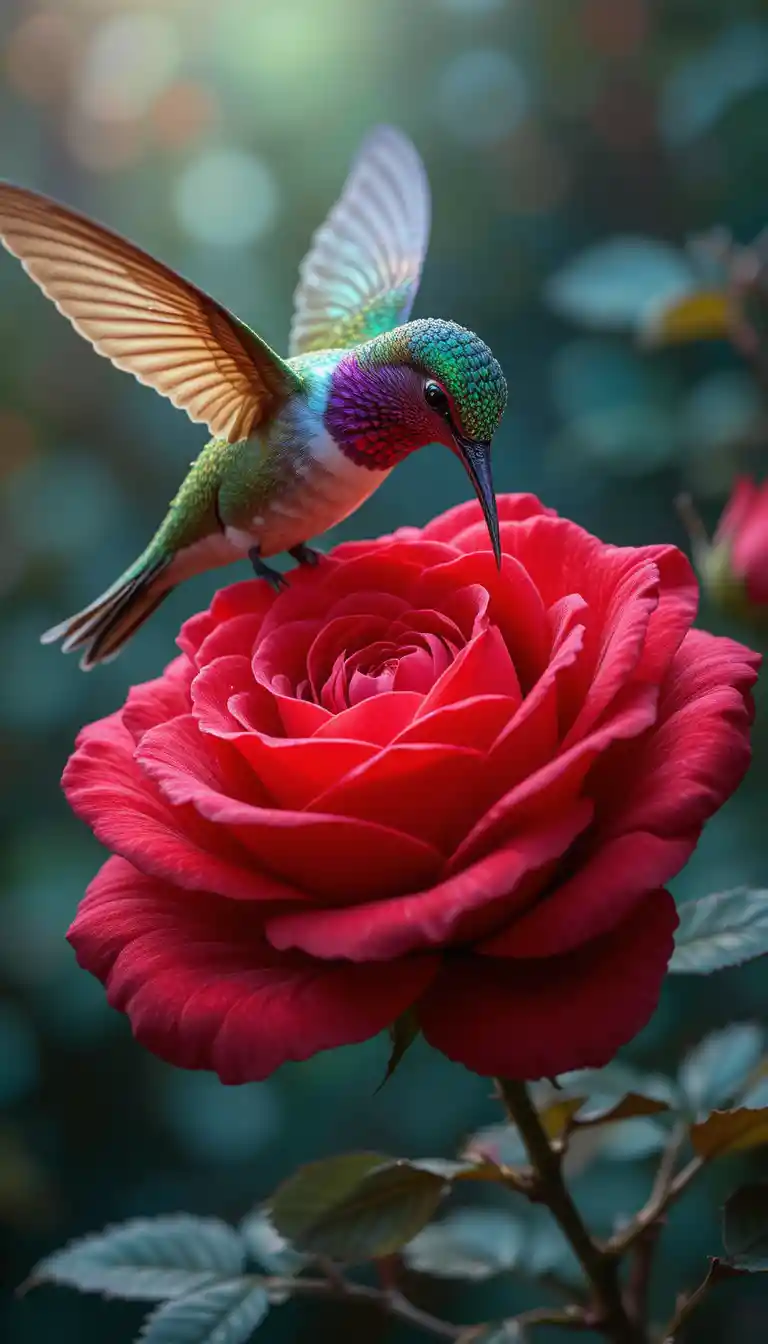 Colorful hummingbird drinking nectar from a red rose