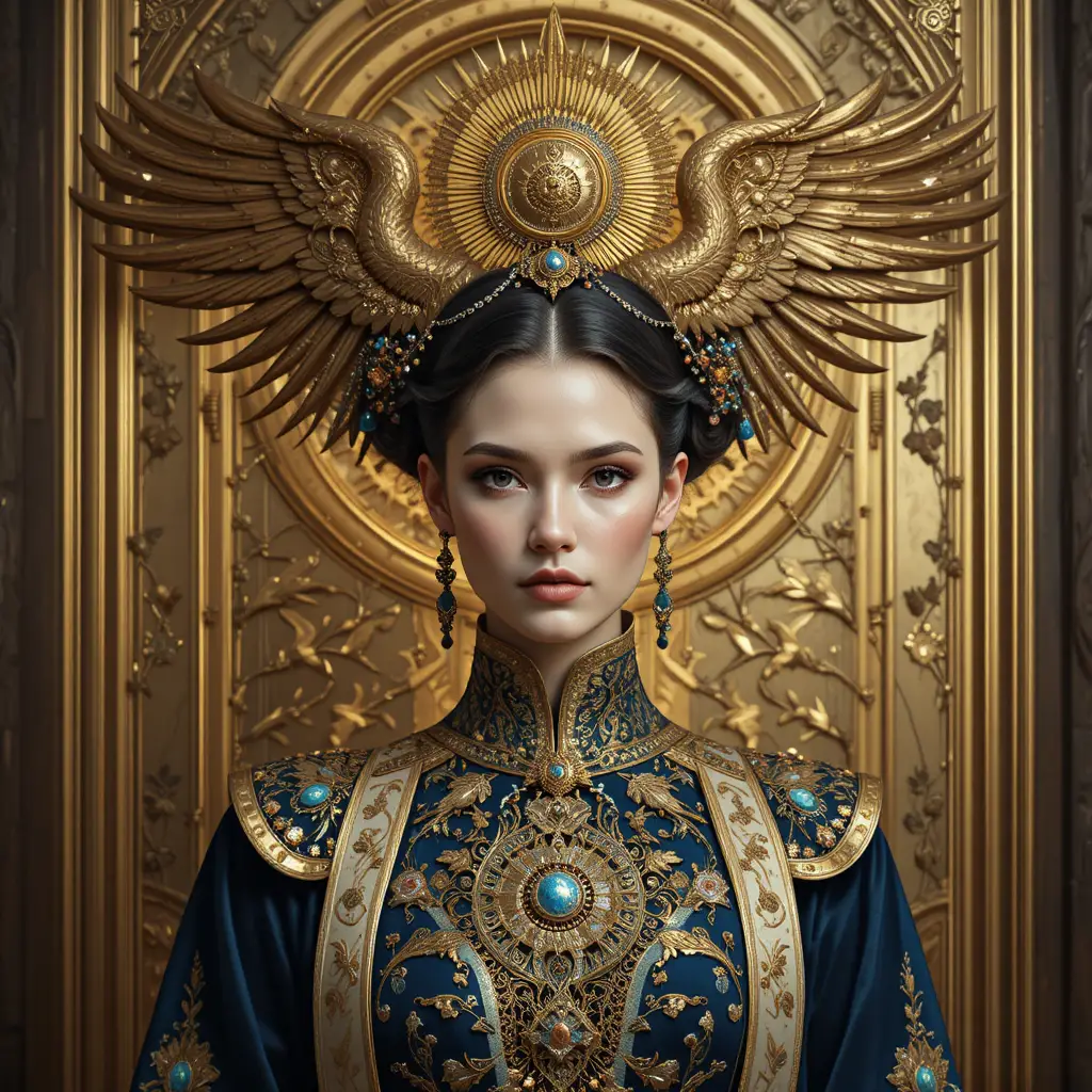 Regal fantasy queen with golden phoenix headdress