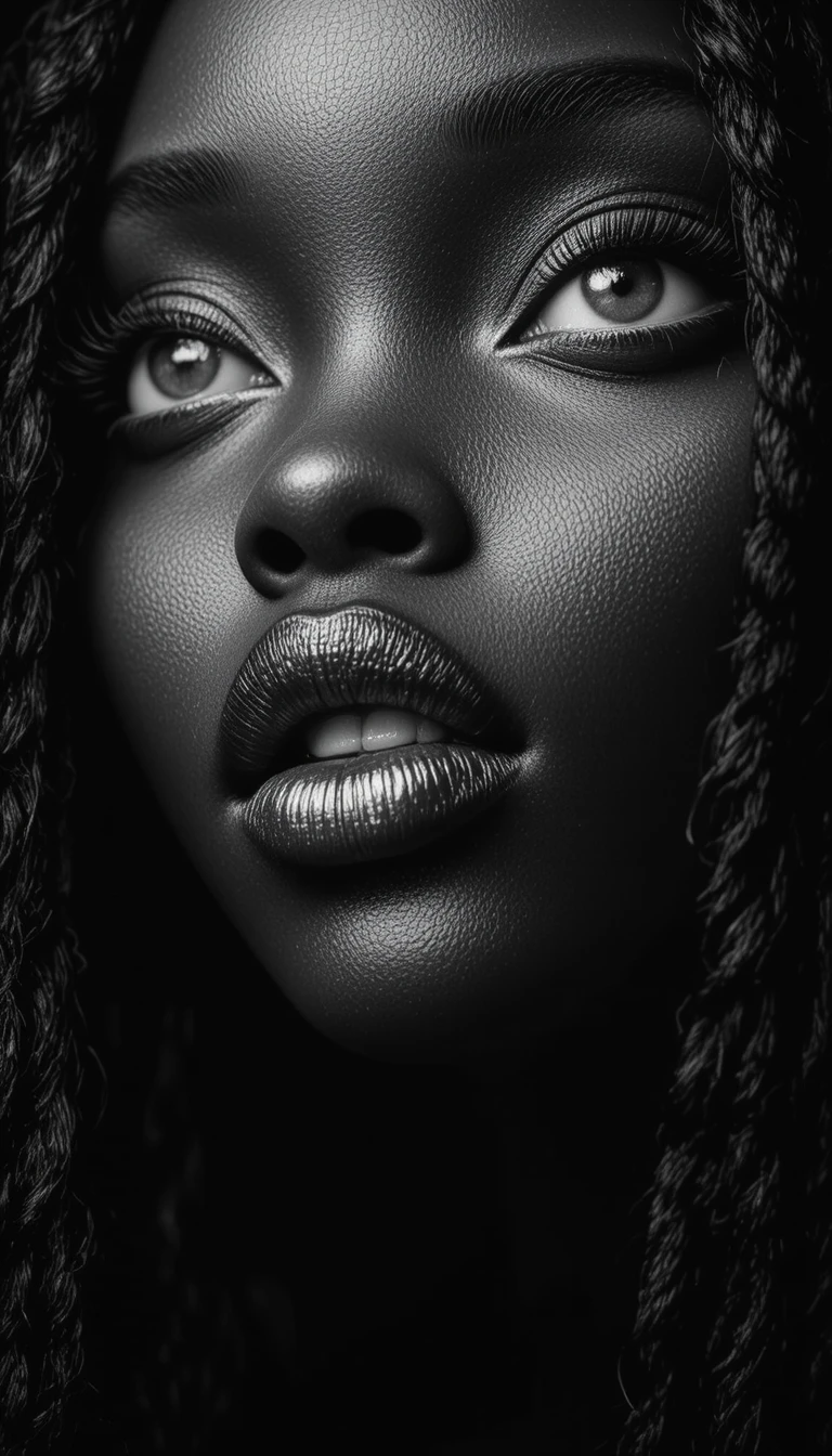 Dramatic black woman portrait with braids and silver lips