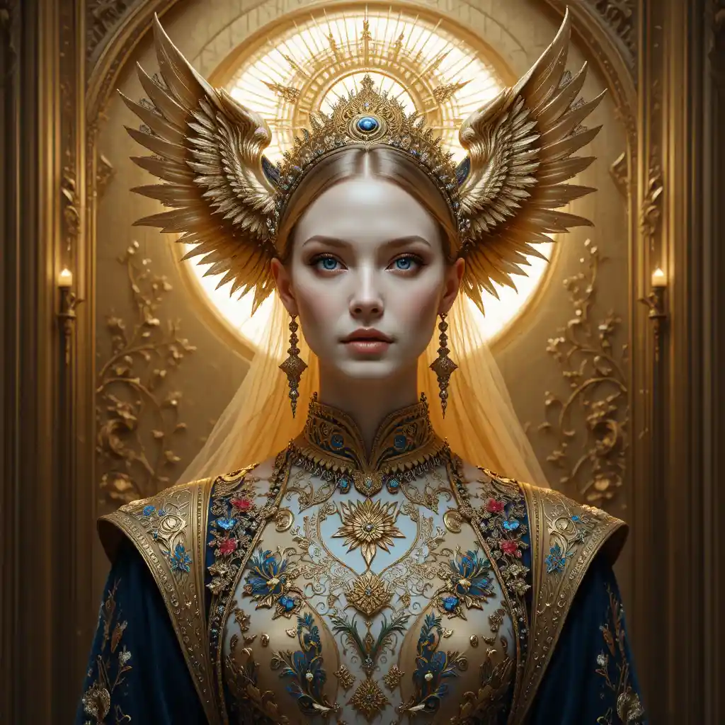 Regal fantasy goddess portrait with golden phoenix headdress