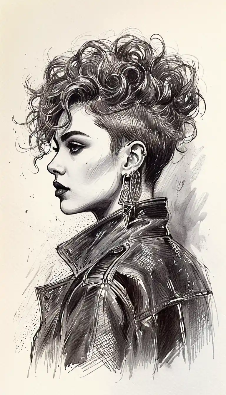 Retrato a bolígrafo de una mujer joven de perfil