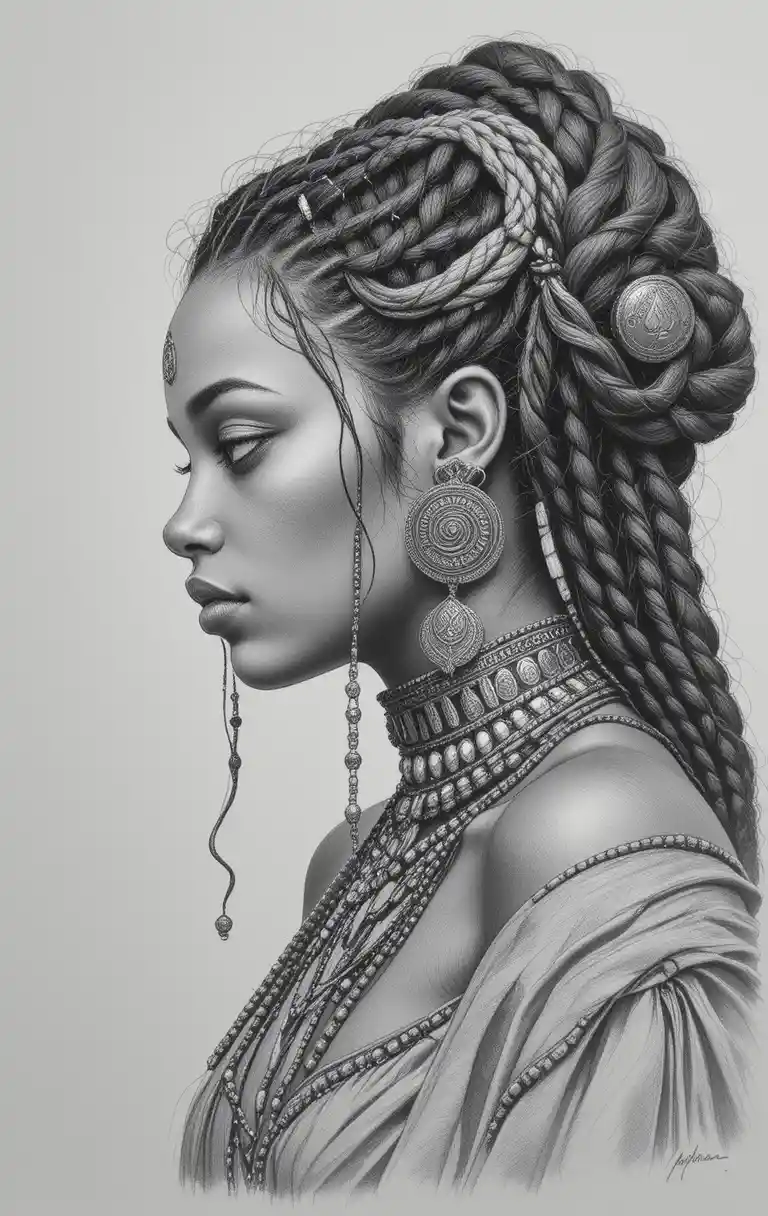 Retrato a lápiz de perfil de mujer negra trenzada con joyas