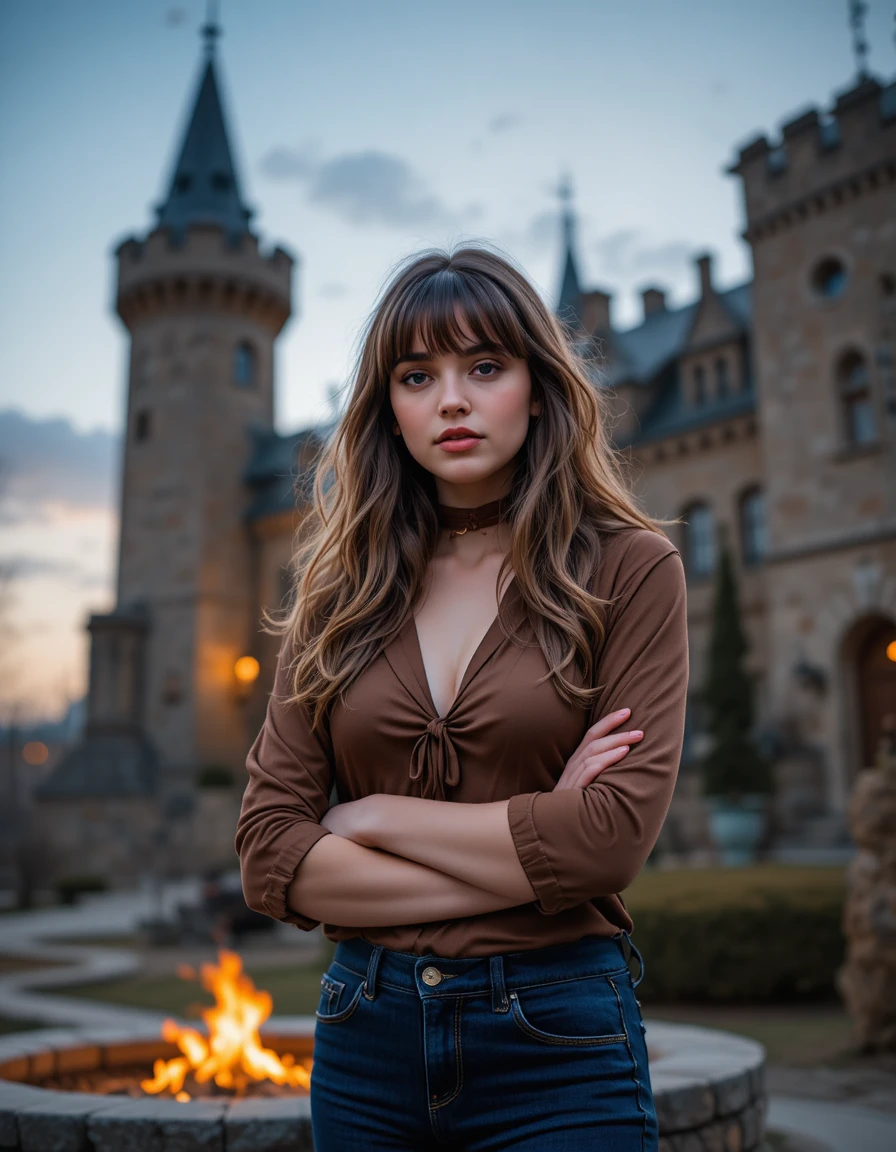 Joven seria junto a un castillo al anochecer iluminada por el fuego