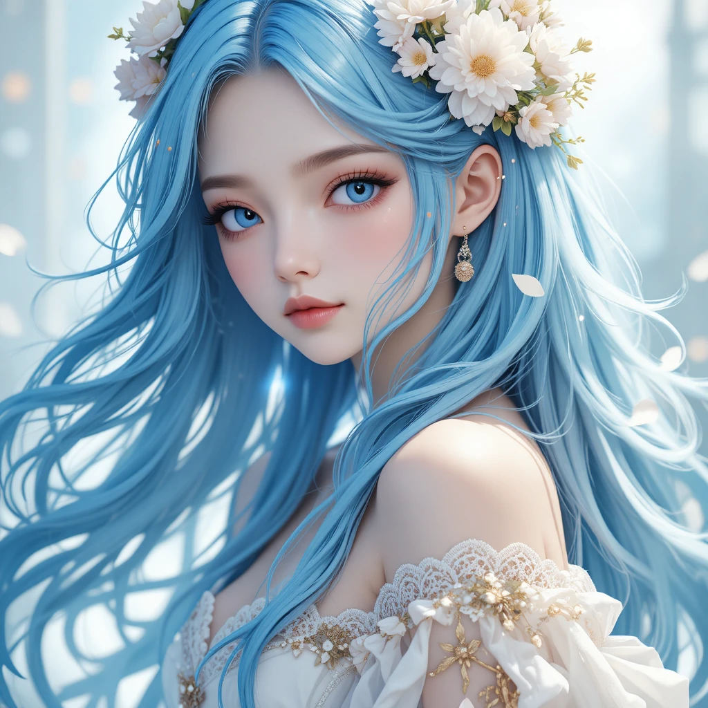 Garota de anime com cabelo azul e detalhes florais brancos