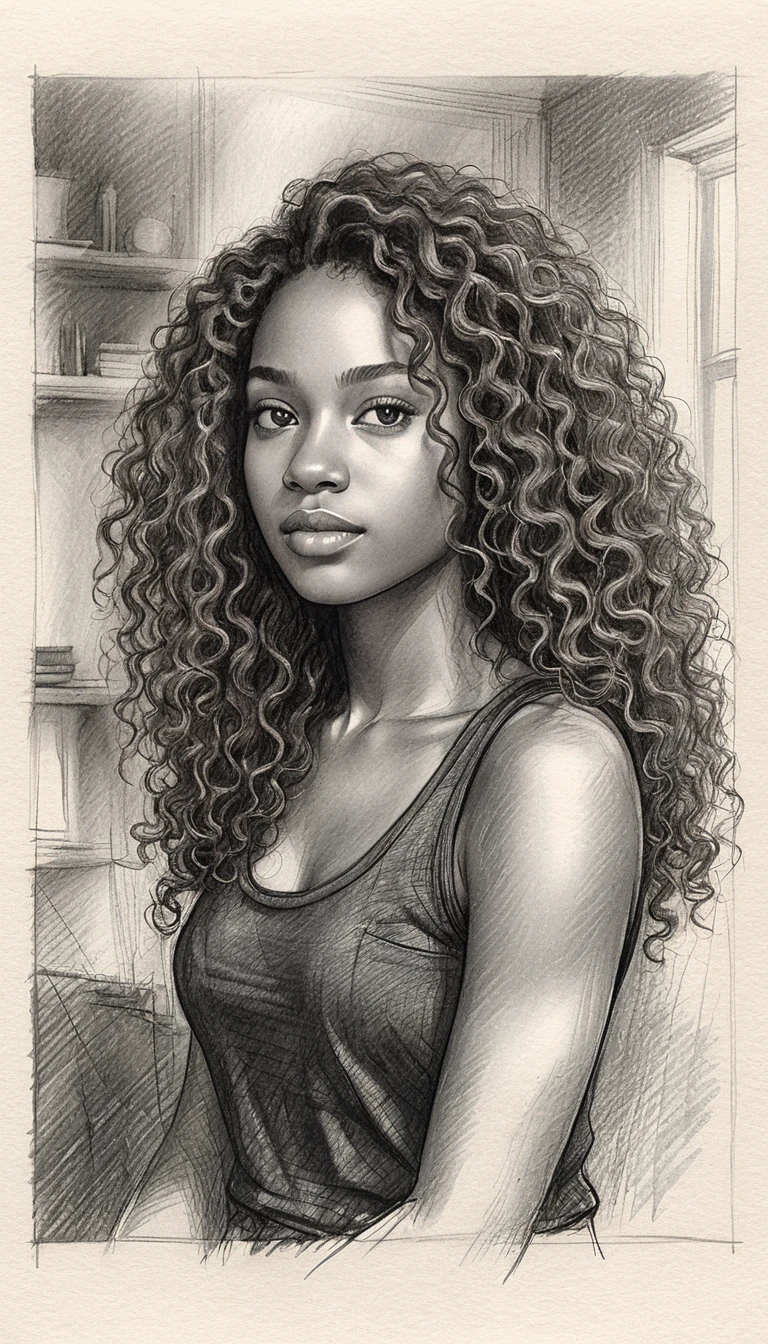 Graphite portrait of a young woman with long curly hair