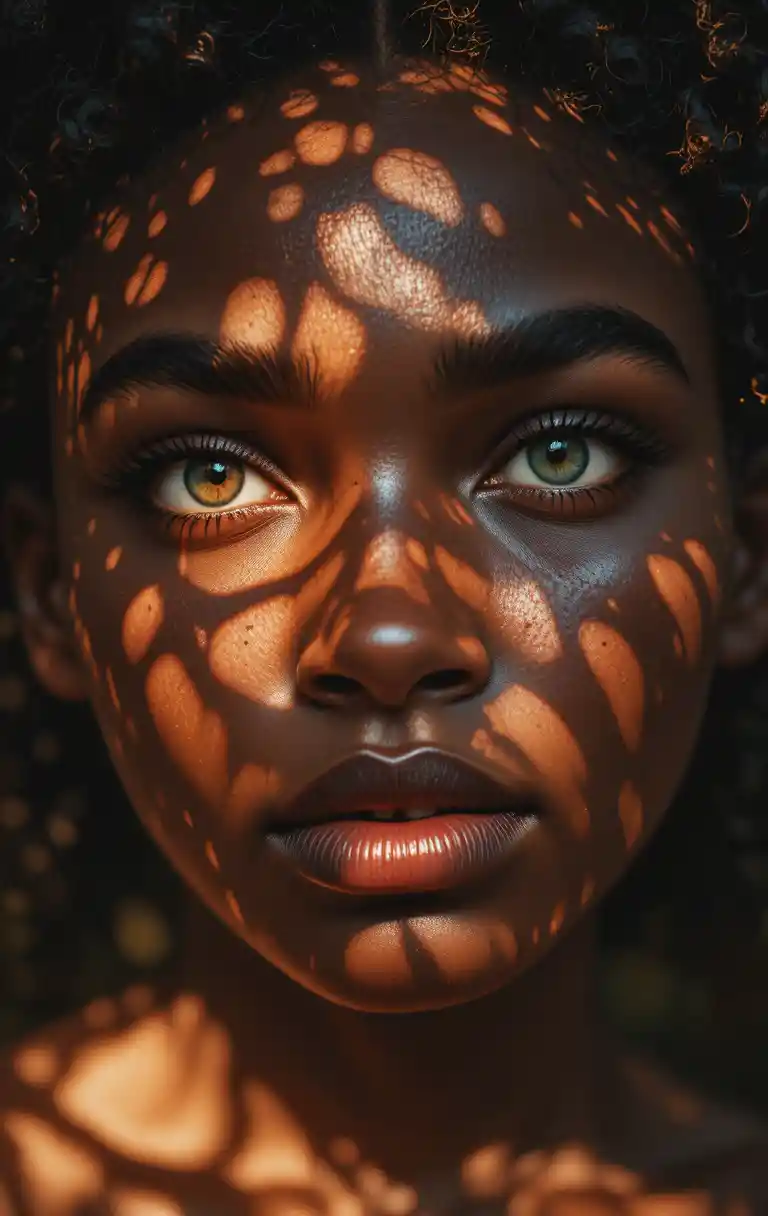Portrait d’une femme au soleil tacheté avec des yeux kaléidoscope