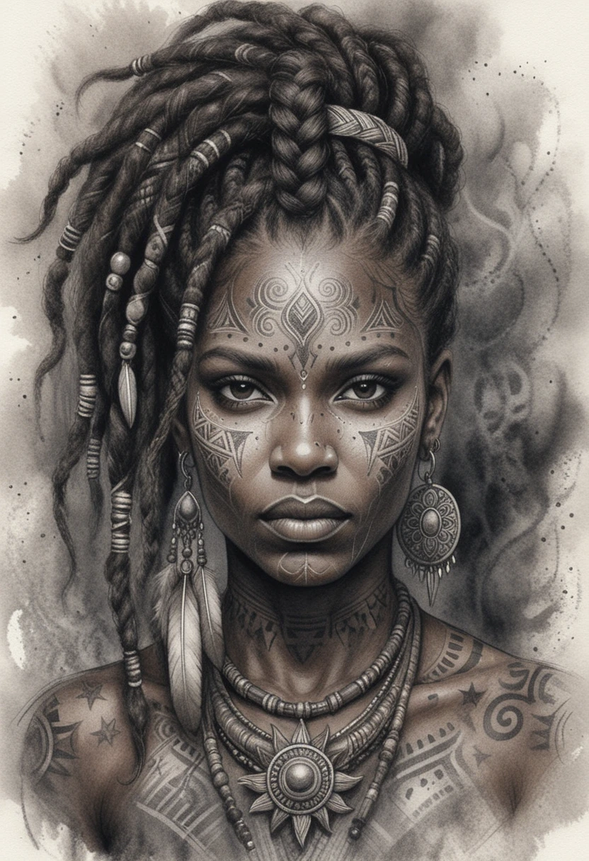 Retrato místico em carvão de uma guerreira tribal