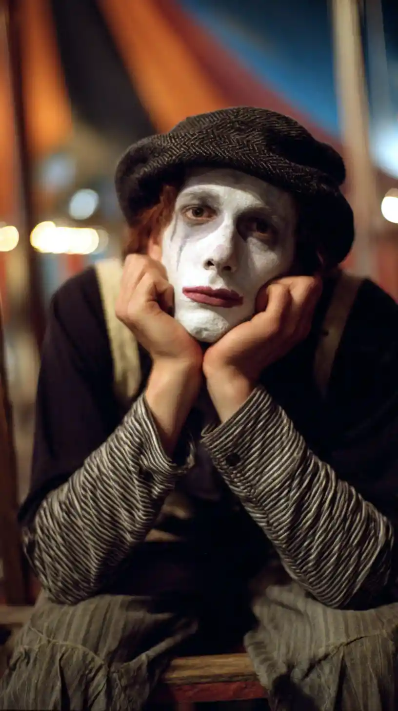 Sad clown portrait by the circus ring in warm film light