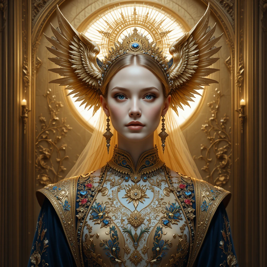Regal fantasy goddess portrait with golden phoenix headdress