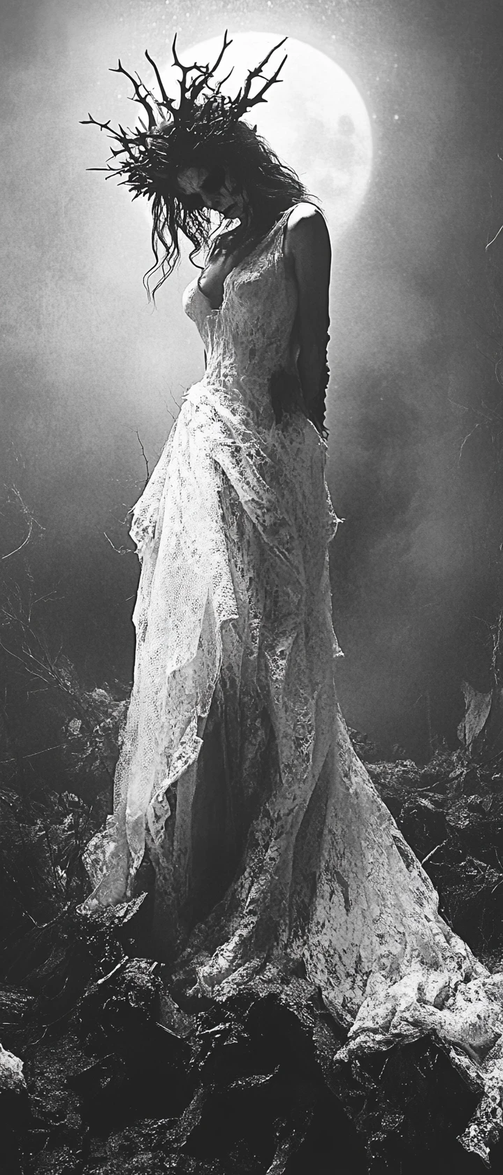 Ghostly zombie queen in ruined gothic moonlit ballroom