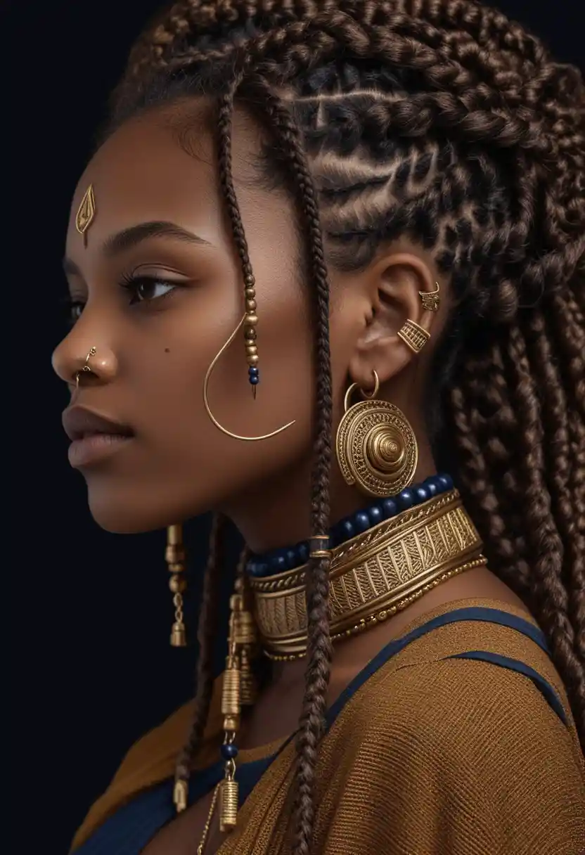 Retrato de perfil majestoso de uma mulher negra com tranças