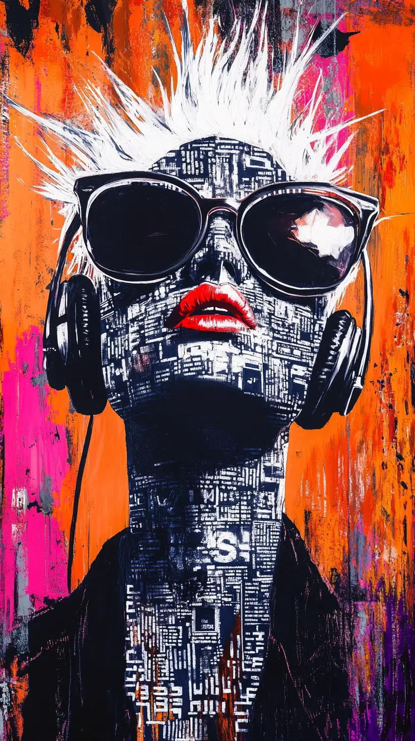 Abstract urban portrait with white hair and headphones