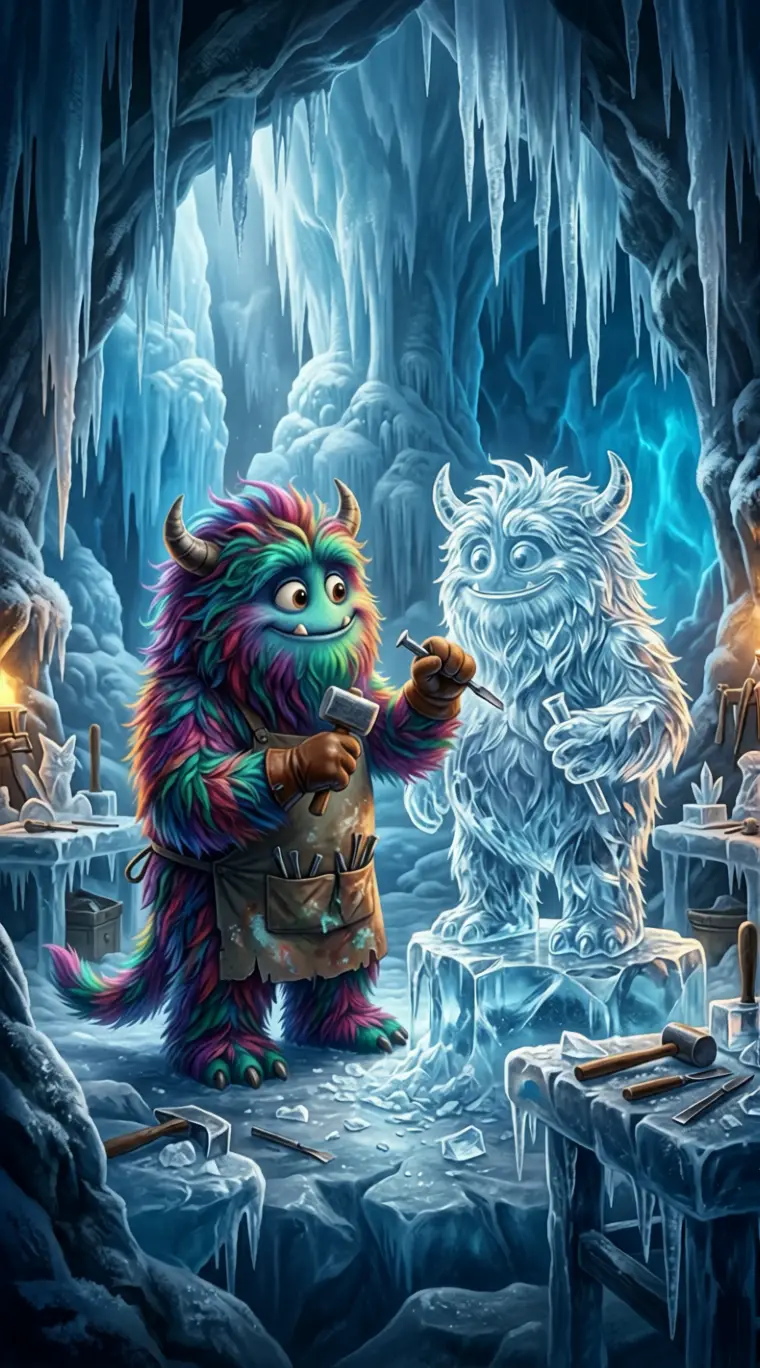 Adorable monstre hirsute sculptant son autoportrait de glace