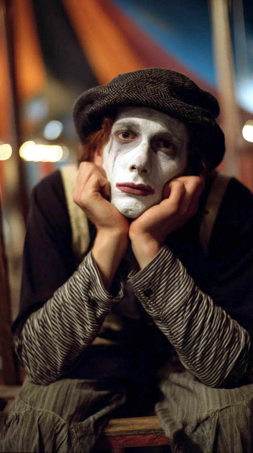 Retrato de payaso triste junto a la pista de circo con cálida luz de película