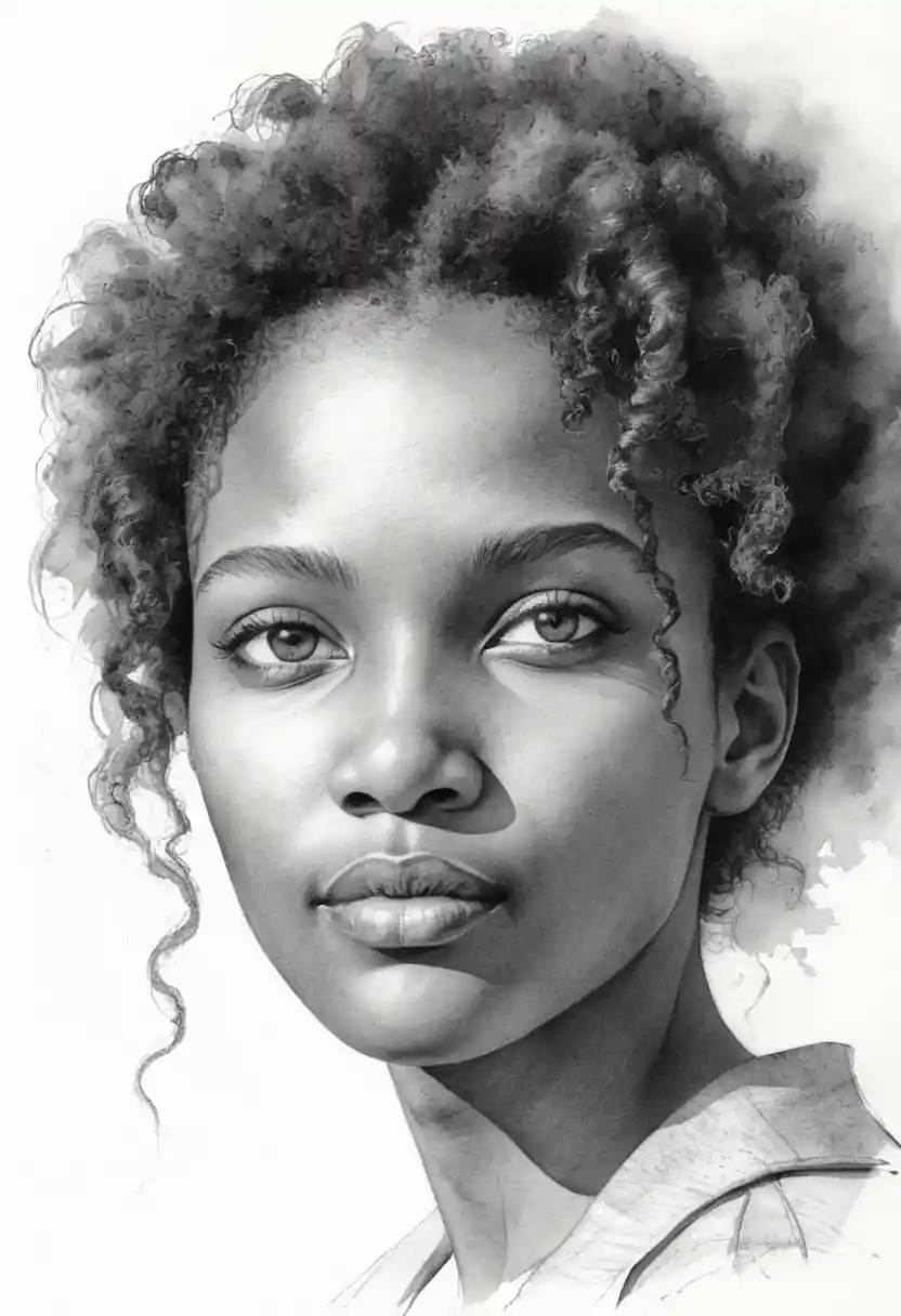 Graphite portrait of a Black girl gazing upward in soft light