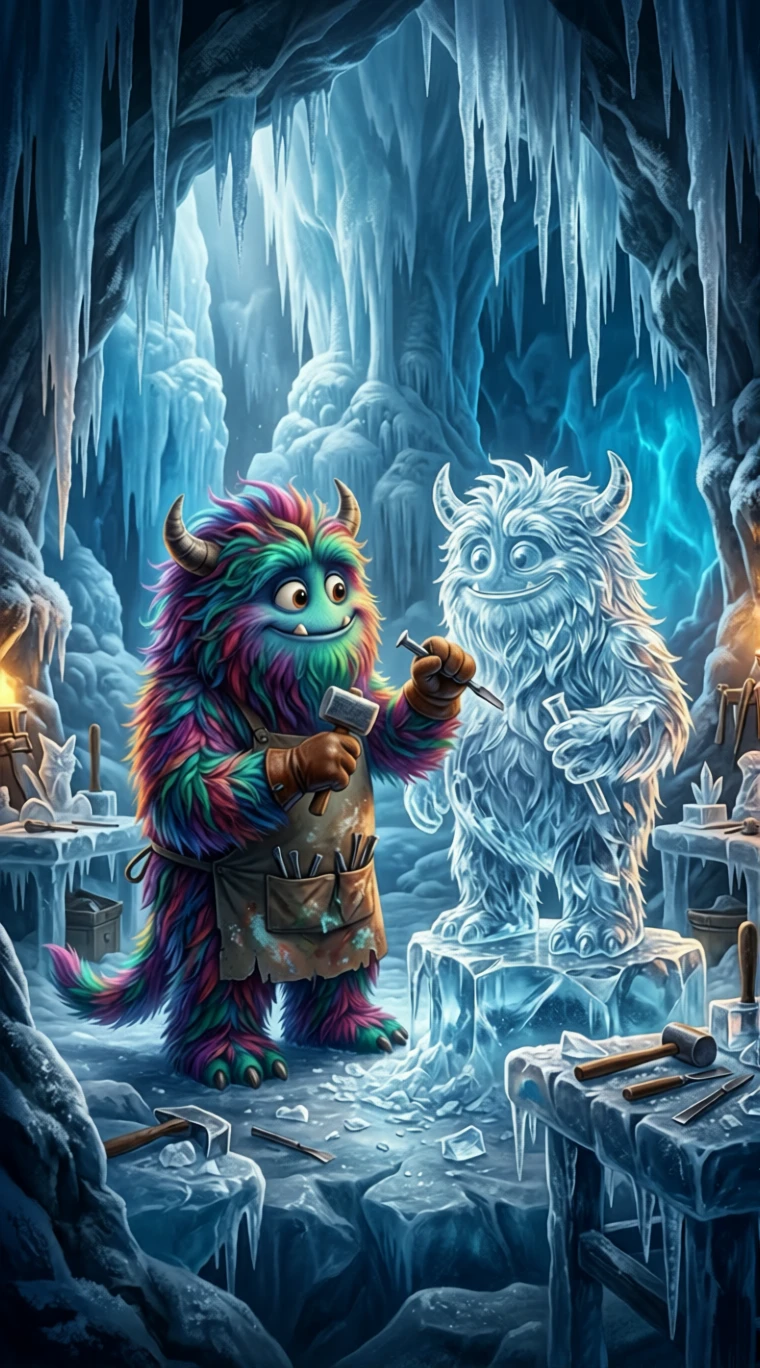Niedliches zotteliges Monster, das ein eisiges Selbstporträt meißelt