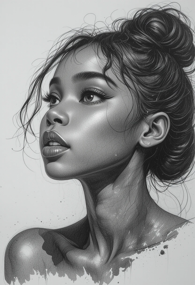 Portrait en graphite d’une jeune femme noire regardant vers le haut