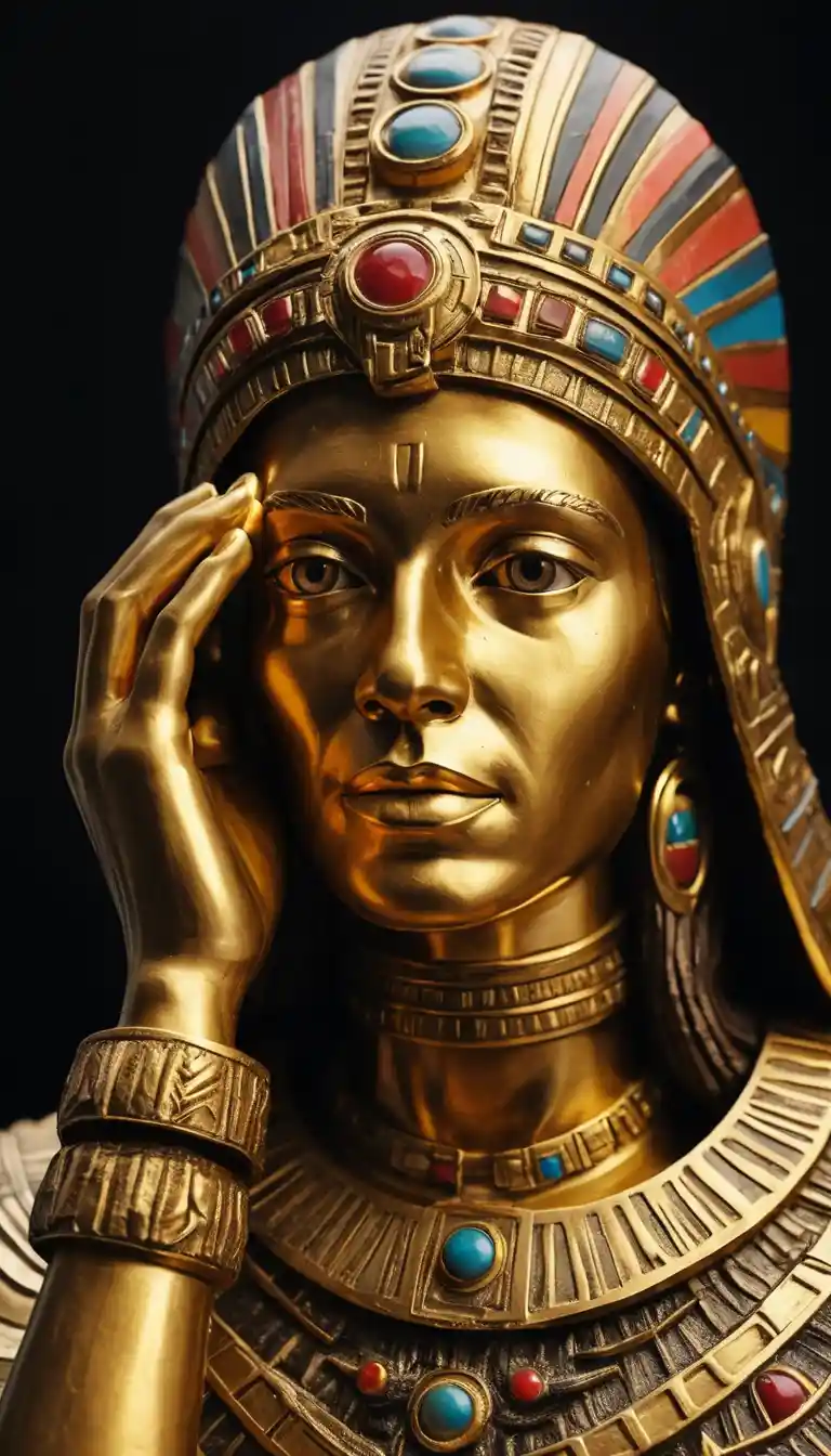 Giovane esploratrice che studia una reliquia dorata in una oscura caverna azteca