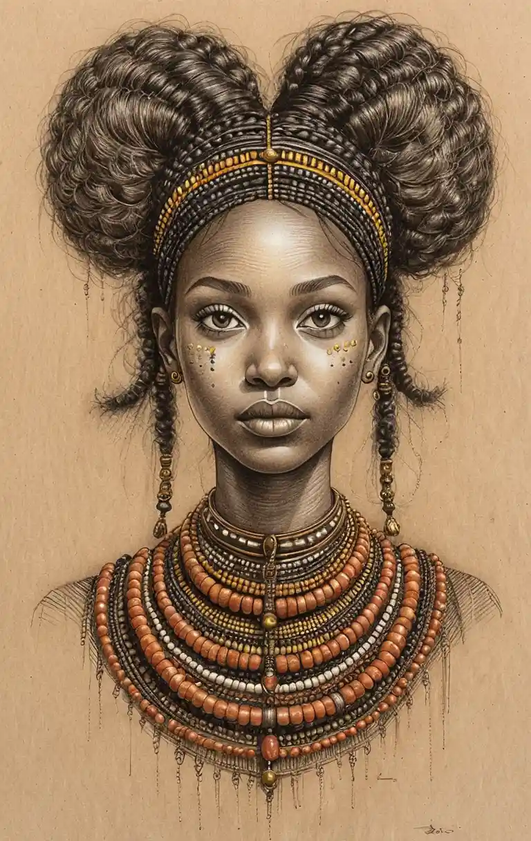 Charcoal portrait of East African woman with braided crown
