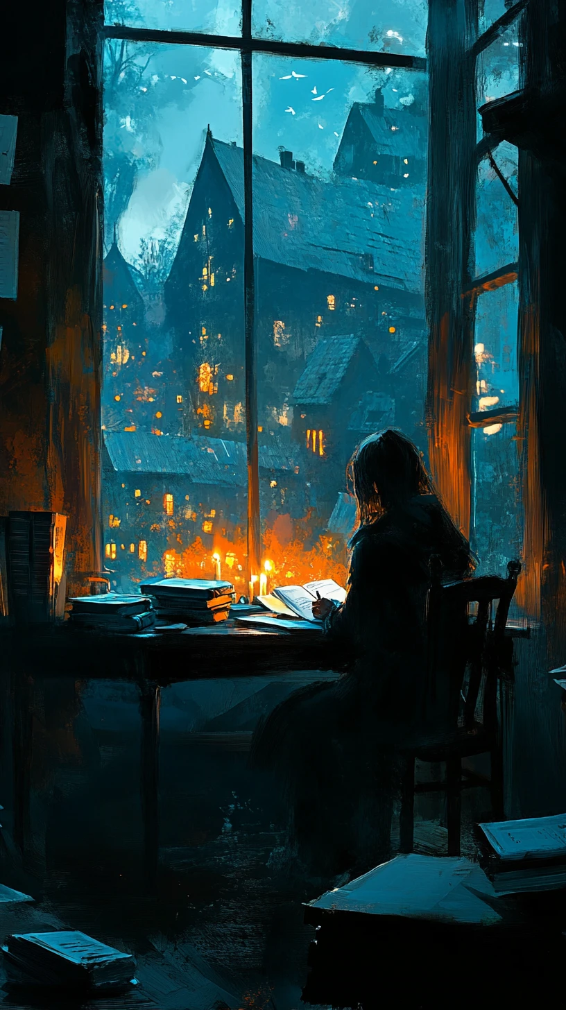 Donna che scrive alla luce di una candela a una scrivania di legno