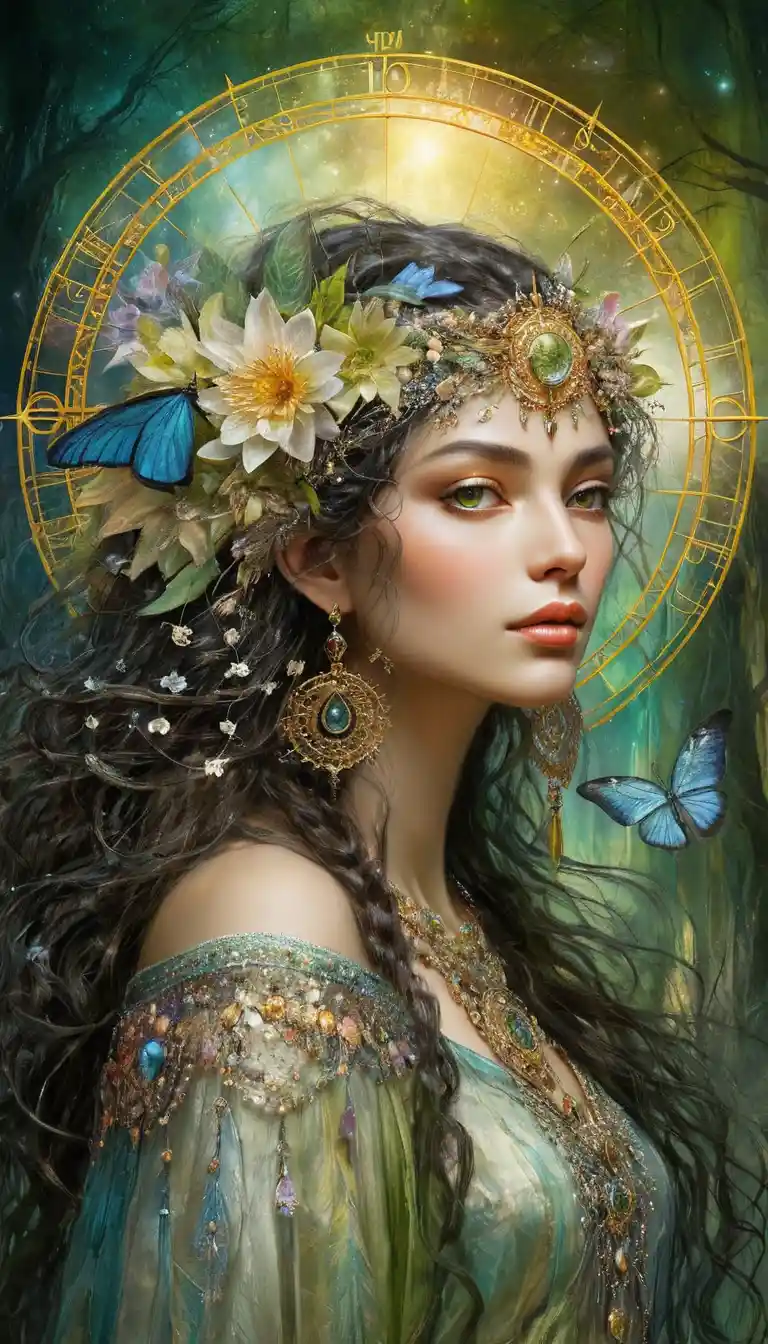 Donna eterea in una scena fantasy di equinozio di primavera in perfetto equilibrio