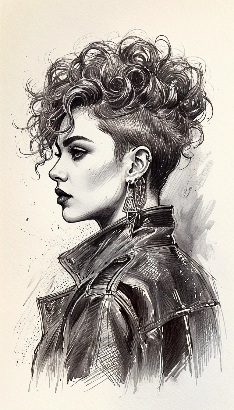 Retrato a caneta esferográfica de uma jovem em perfil