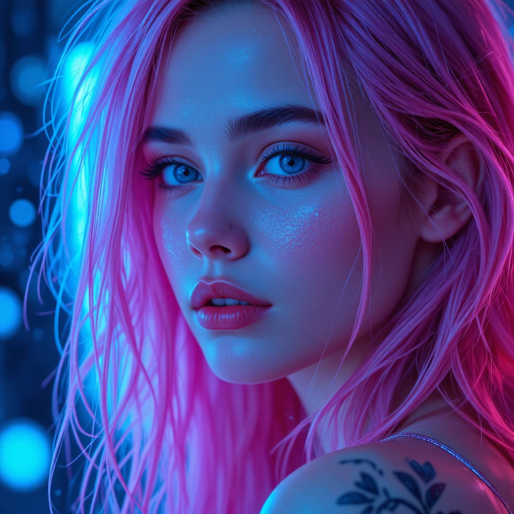 Pink haired woman in neon blue cyberpunk close up portrait
