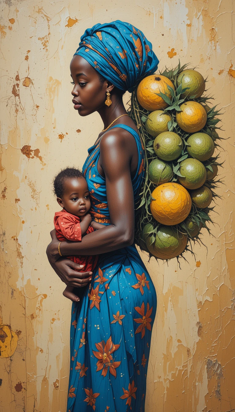 Madre africana di profilo con fascio di frutta e bambino