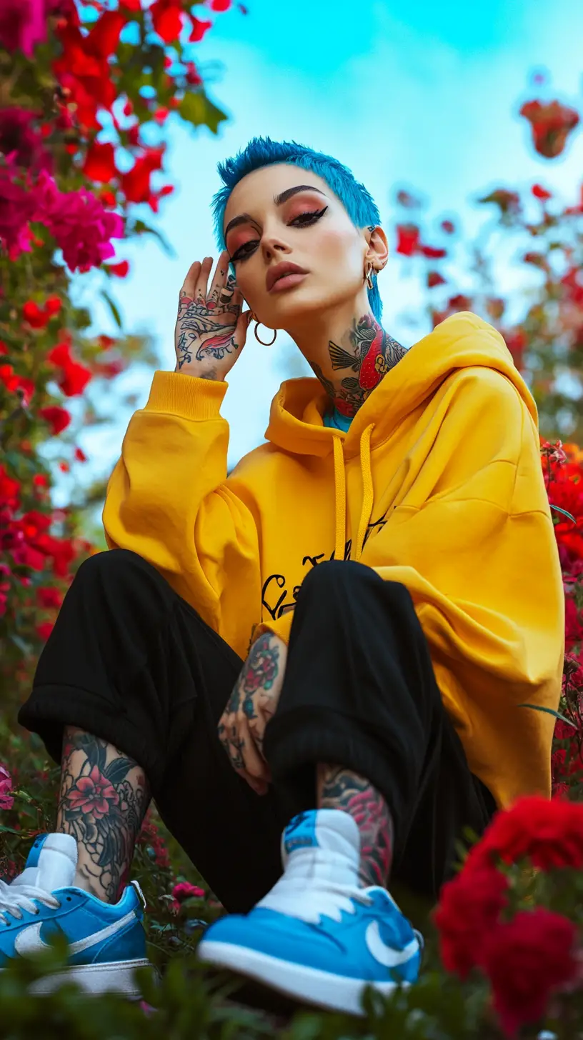 Donna tatuata con felpa gialla in un giardino tropicale fiorito