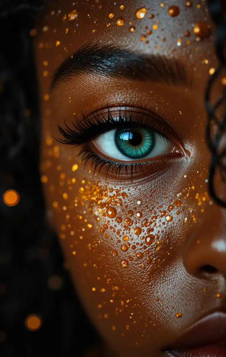 Extreme close up portrait of a black woman with wet skin