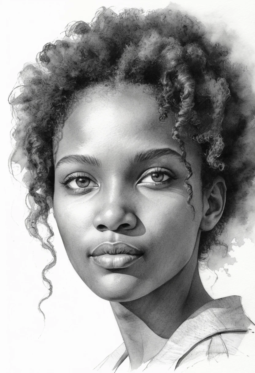 Graphite portrait of a Black girl gazing upward in soft light