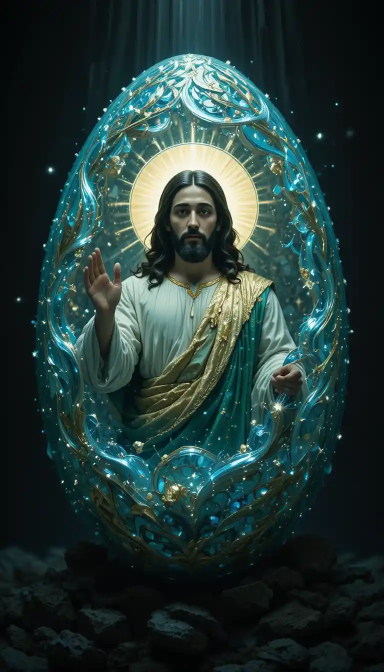 Close up of glowing Easter egg with radiant Jesus