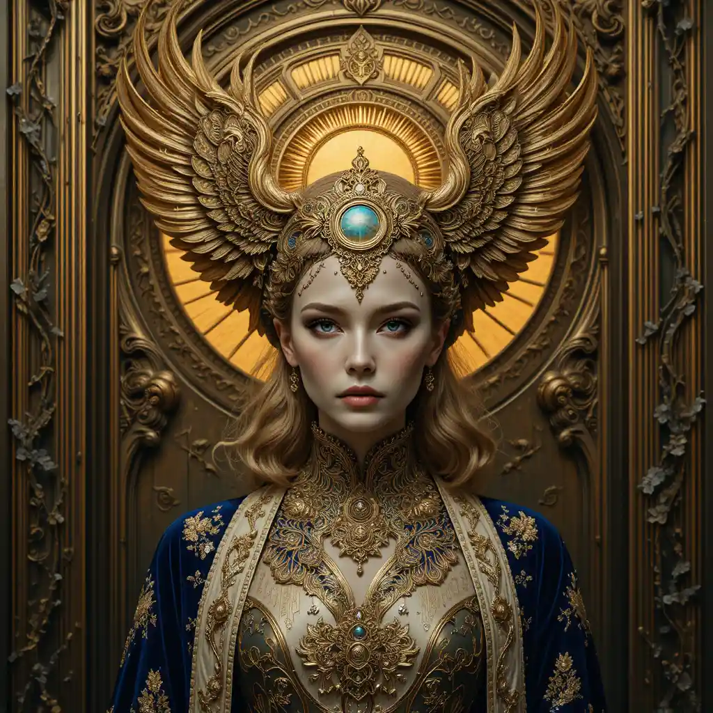 Regale regina fantasy con copricapo a fenice dorata