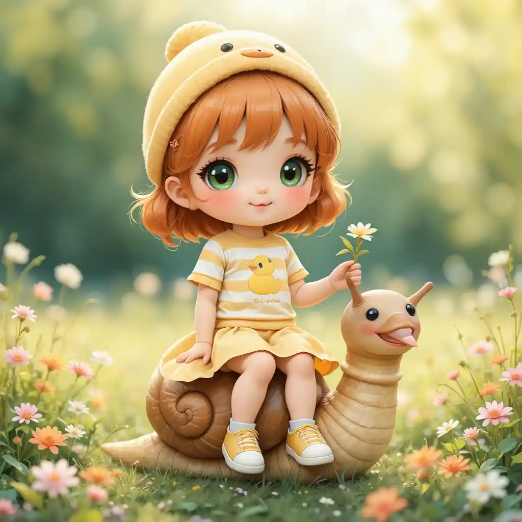 Cute girl riding a smiling snail in a sunny meadow
