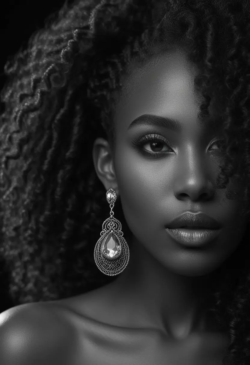 Retrato en blanco y negro de una mujer con cabello afro