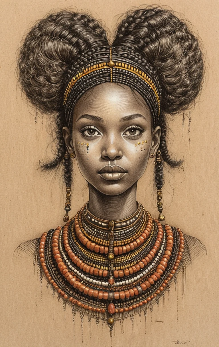 Charcoal portrait of East African woman with braided crown
