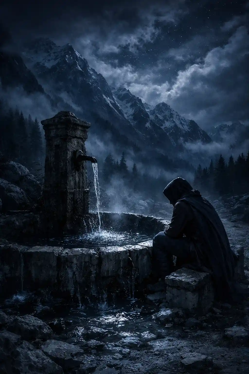 Lonely figure by a mountain fountain under cold night sky