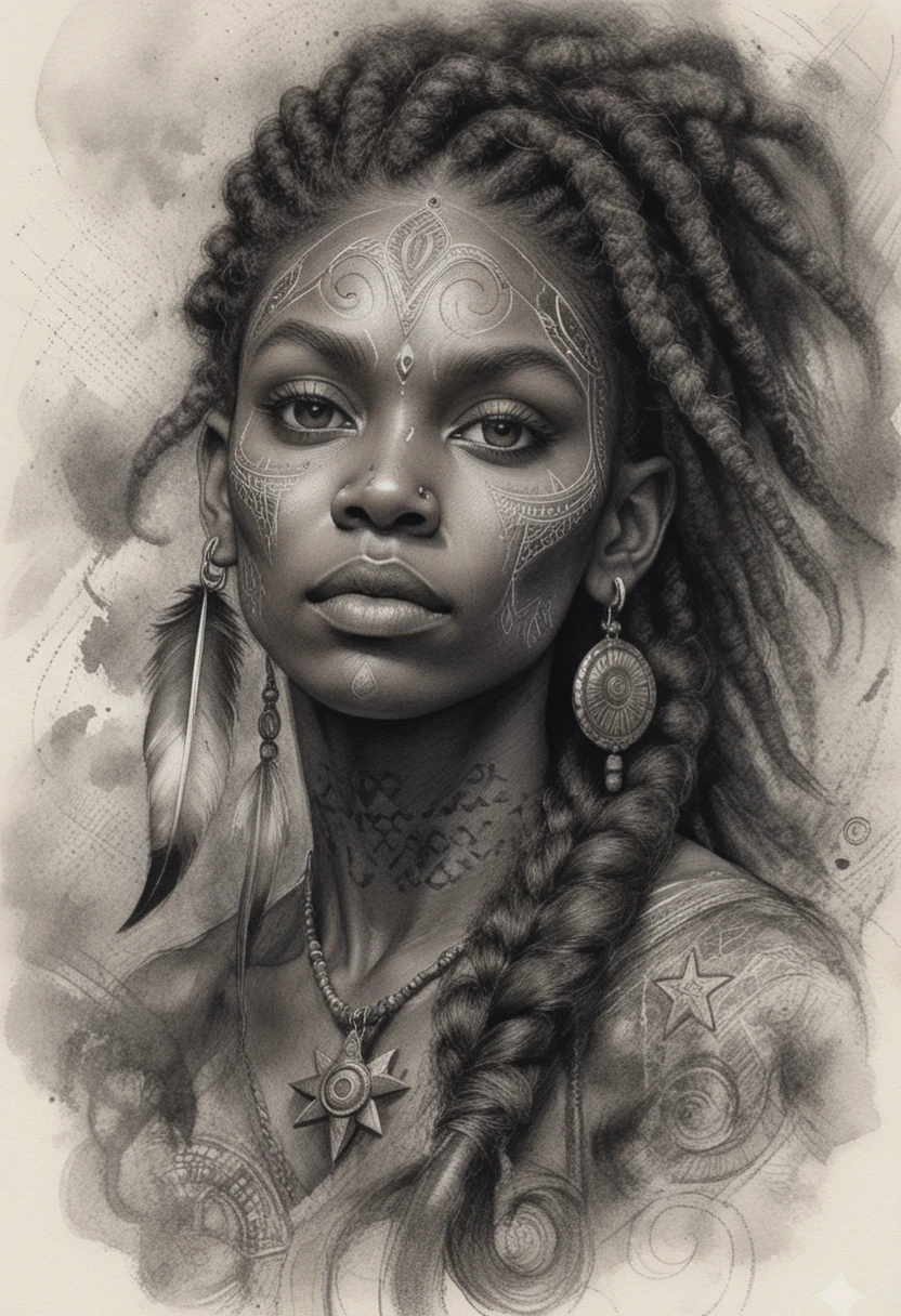 Mystical tribal warrior woman portrait with amber eyes