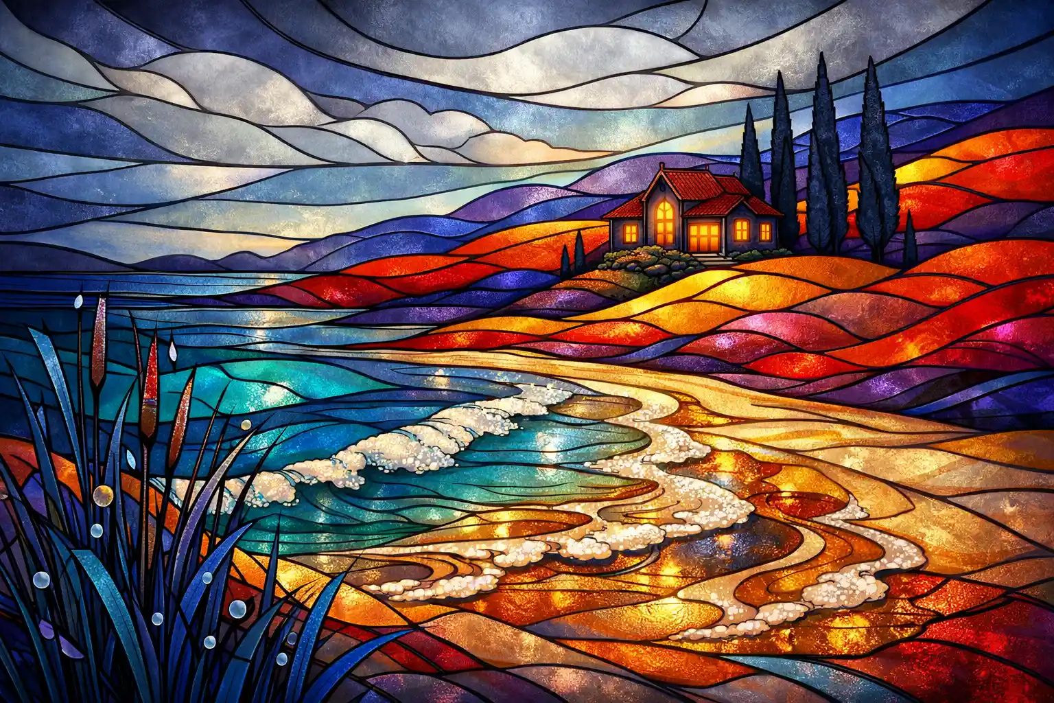 Surreal stained glass seascape with glowing house at twilight