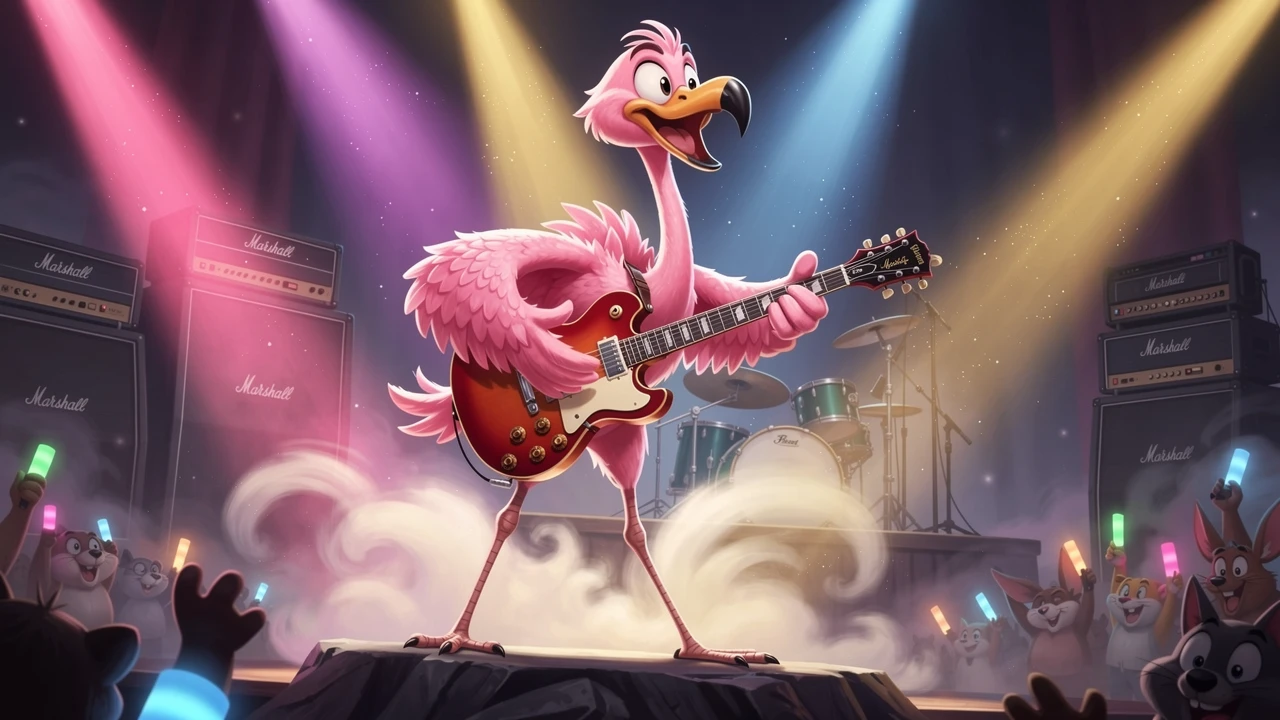 Cartoon-Flamingo rockt E-Gitarre auf Konzertbühne